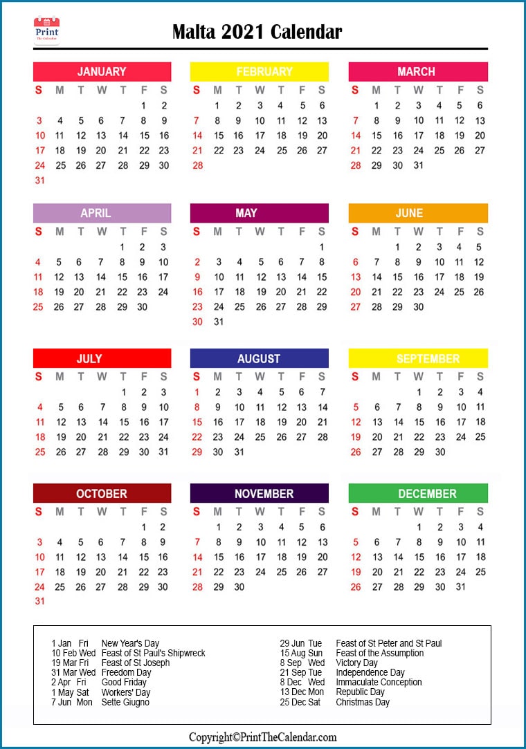 Malta Printable Calendar 2021